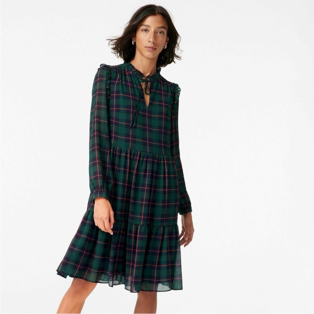 NEW J. Crew Tie-neck Tiered Dress in Black Watch Tartan Green Size Small NWT
